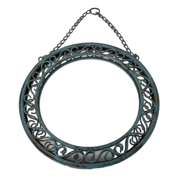 Vintage Blue Cast Iron Ornate Frame Round Accent Wall Mirror Rustic Cottagecore - Picture 1 of 9